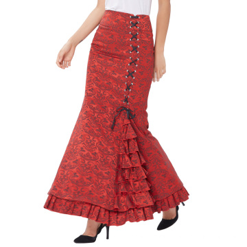 Belle Poque Frauen Vintage Retro viktorianischen Stil gekräuselt Jacquard Fischschwanz Meerjungfrau lange rote Maxi Rock BP000204-2